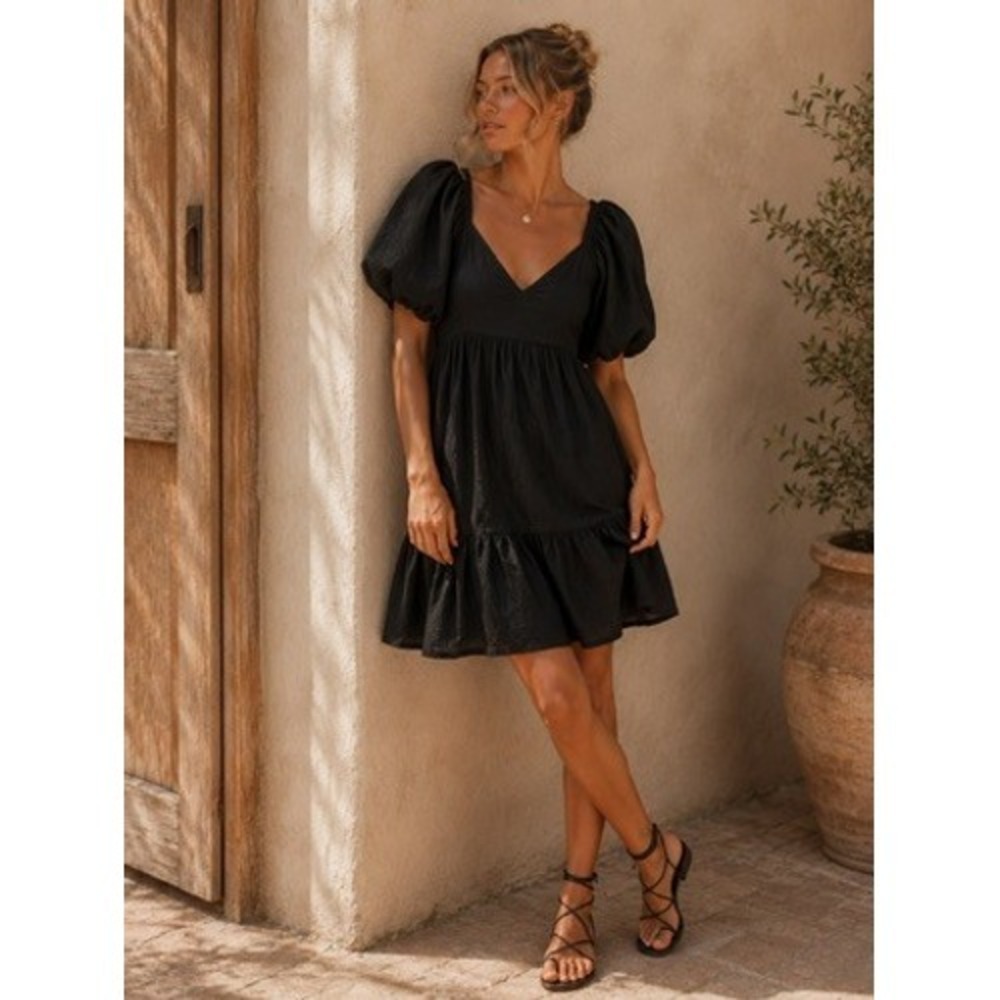 Nine West Black Puff Sleeve Babydoll Mini Dress V-Neck Ruffle Hem New Small
